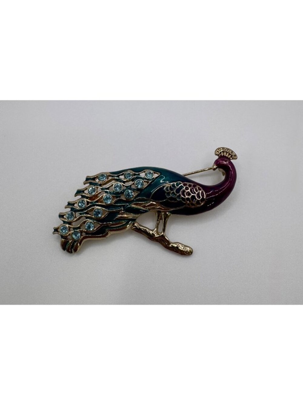 Napier Enamel Peacock Brooch Blue Purple Rhinestone Gold Tone Pin Figural